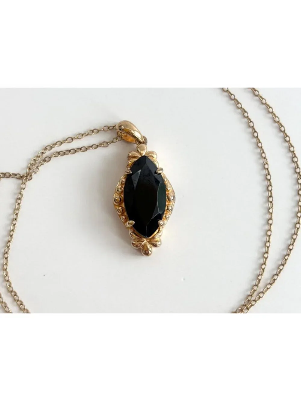 Onyx Marquise Cut Vermeil Sterling Silver 925 Vintage Pendant Necklace - 18